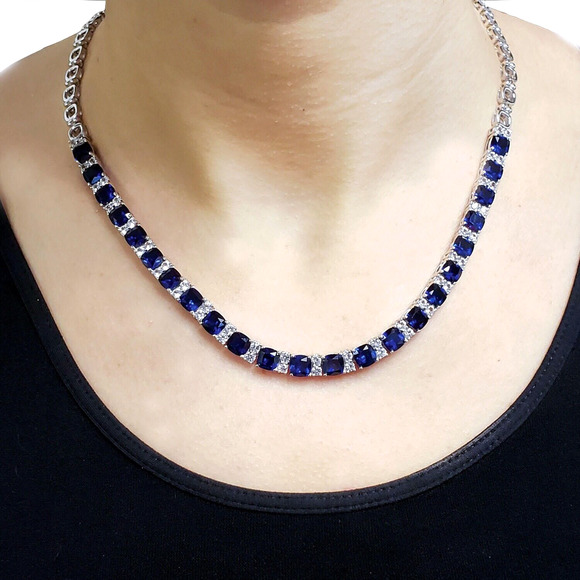 .925 Sterling Silver Lab Created Blue and White Sapphire 18” Necklace - Picture 1 of 7